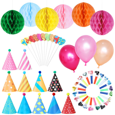 Party Decorations Kit 11pcs Birthday Hats with Pom Poms 20pcs Party Blowouts 6pcs Paper Flower Balls