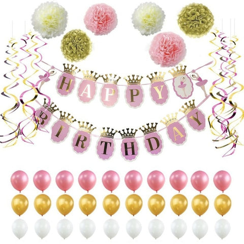 Glitter Happy Birthday Banner Glitter Poms Poms Balloons Paper Party Decorations