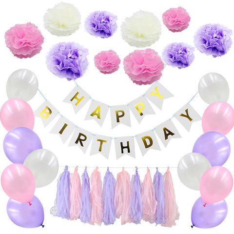 Happy Birthday Party Decorations Kit Inflatable Balloon Tassel Happy Birthday Banner Paper Pom Poms Flower Party Supplies