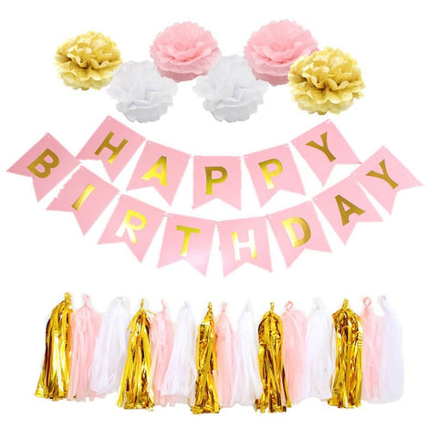 Happy Birthday Banner Tissue Party Decorations Balloon Kit Paper Flowers Hanging Swirl Party Supplies